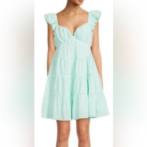 English Factory green‎ and white checkered mini tiered dress NEW size S